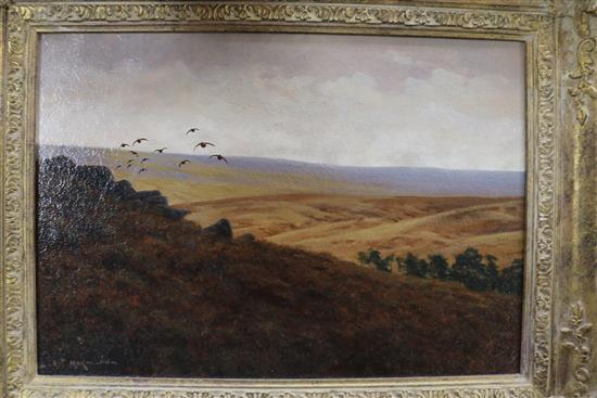 Alastair Makinson, oil on board, Driven Grouse, signed 24 x 34cm